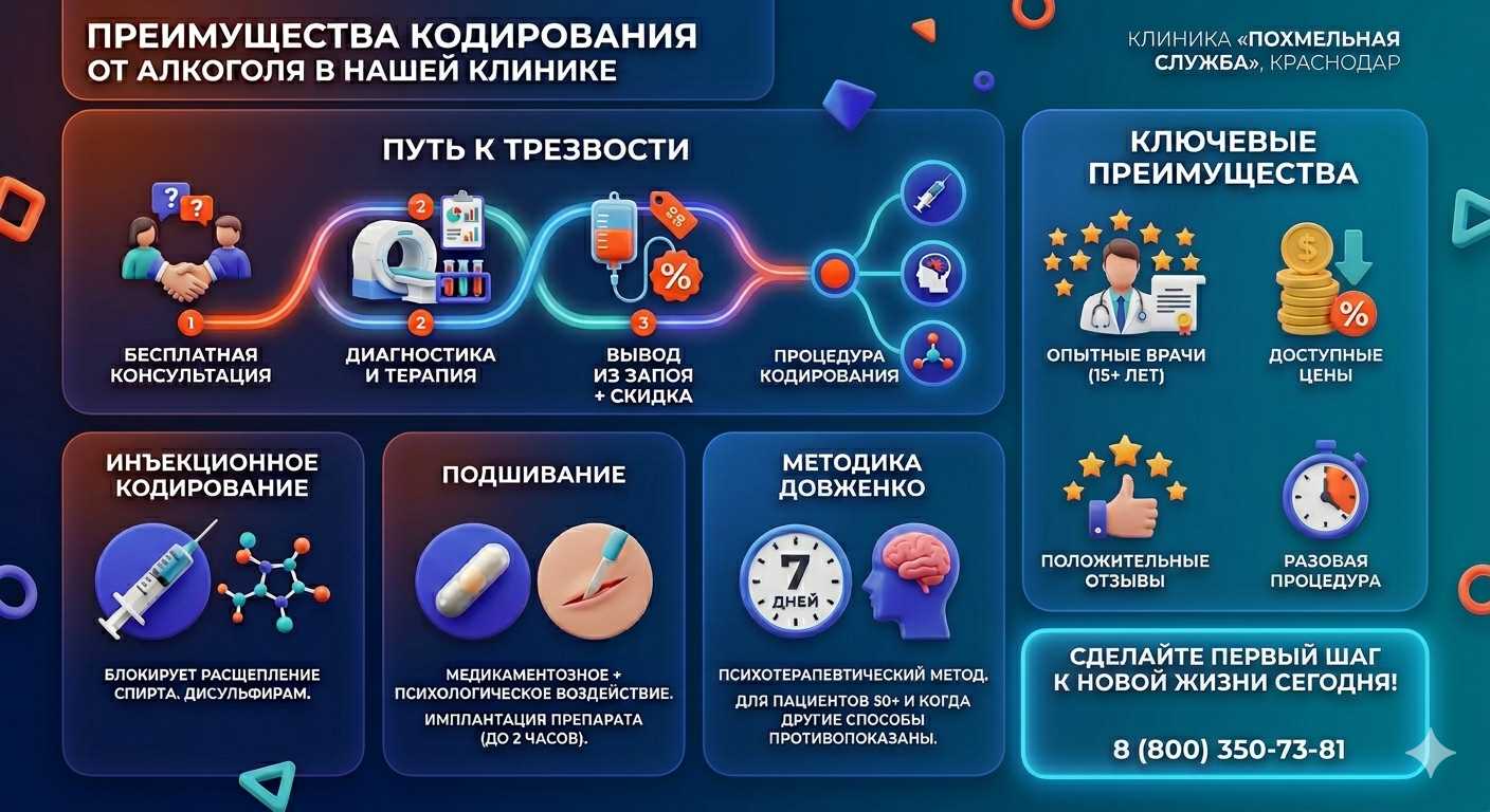 Инфографика о методах кодирования от алкоголя в Шлиссельбурге: инъекции, подшивание, метод Довженко. Преимущества клиники и этапы лечения.